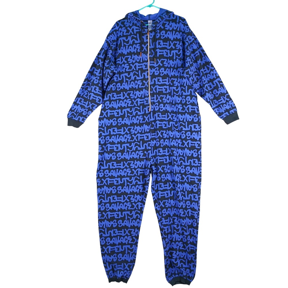 Savage X Fenty One Piece Pajamas Women 1X Blue Black Spell Out Hooded Pockets